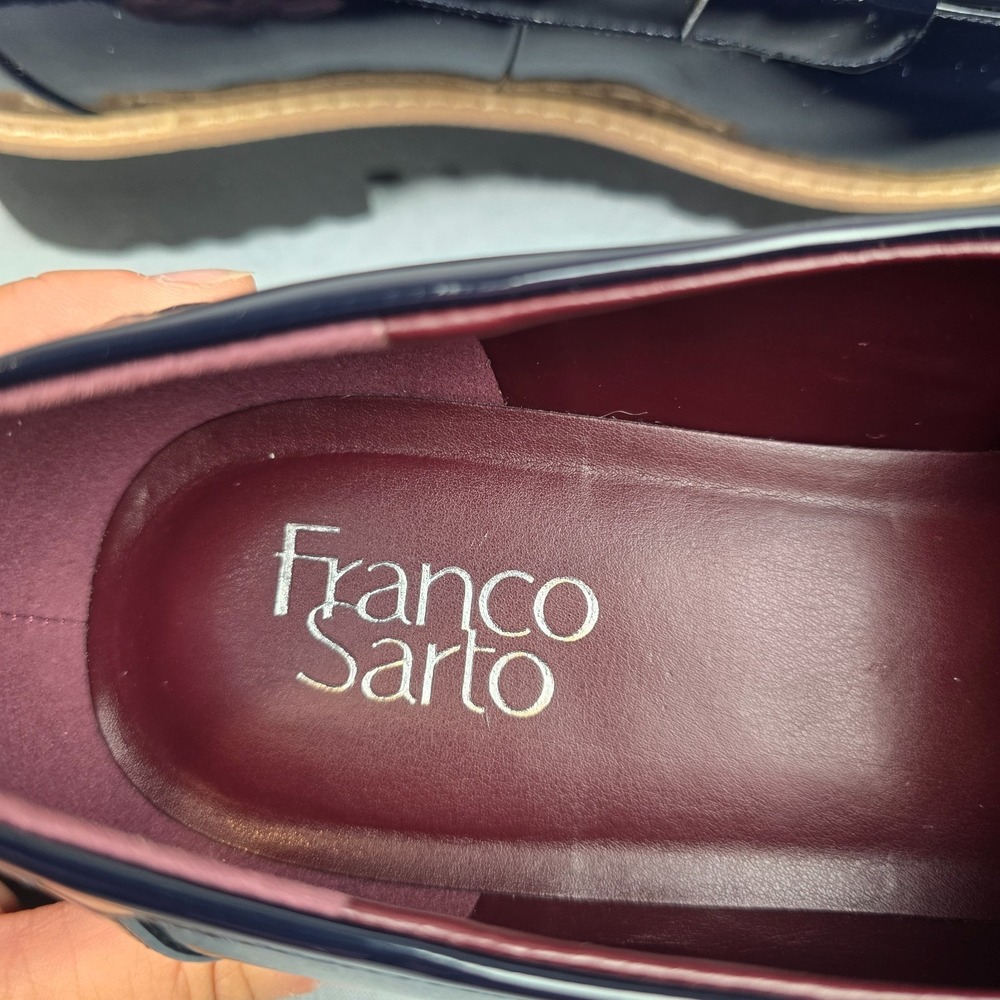 Franco Sarto Patent Loafers Navy Blue Horsebit Slip On Shoes Women's 10W Preppy - Picture 10 of 10
